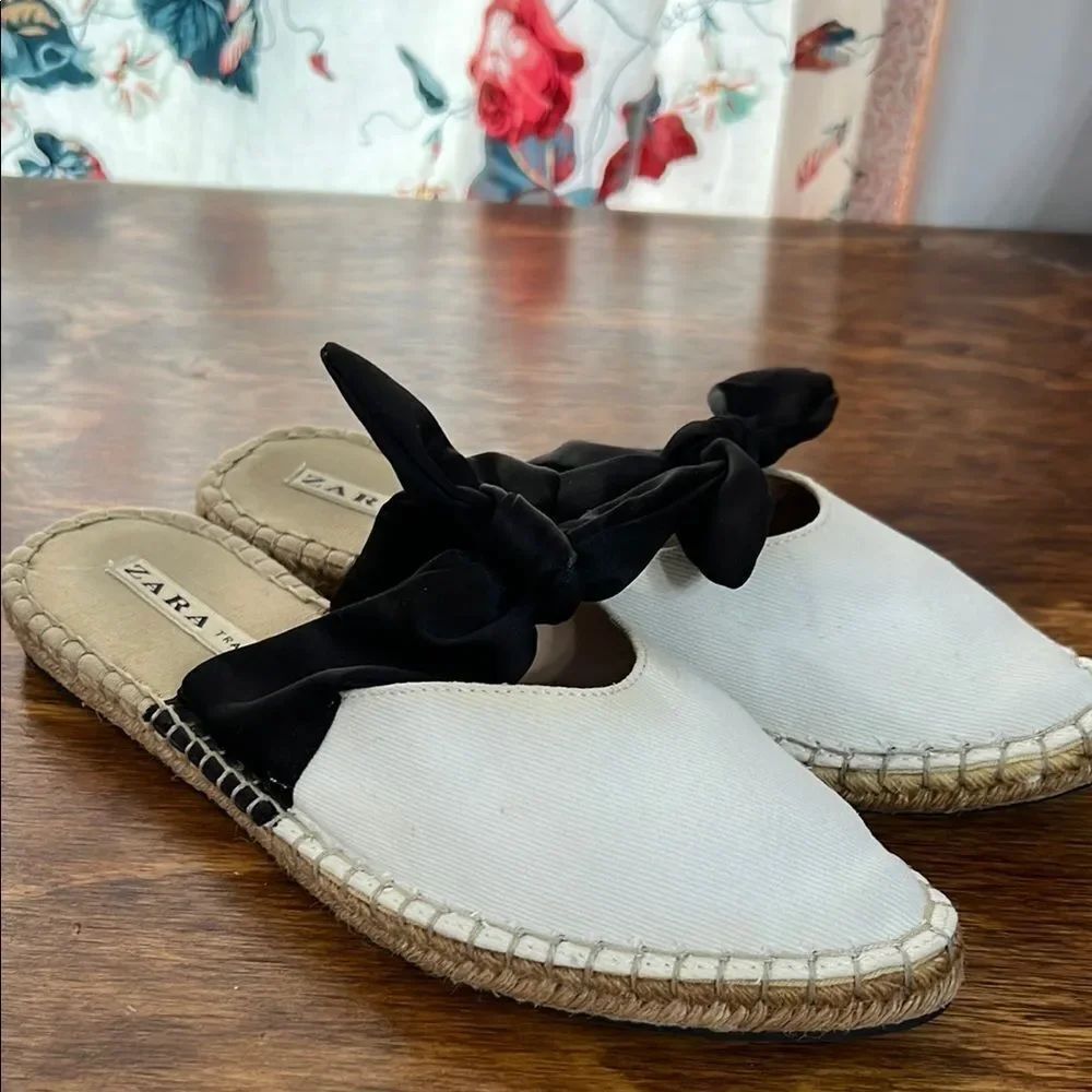 Zara Black and White Espadrille Flats with Bow Accent